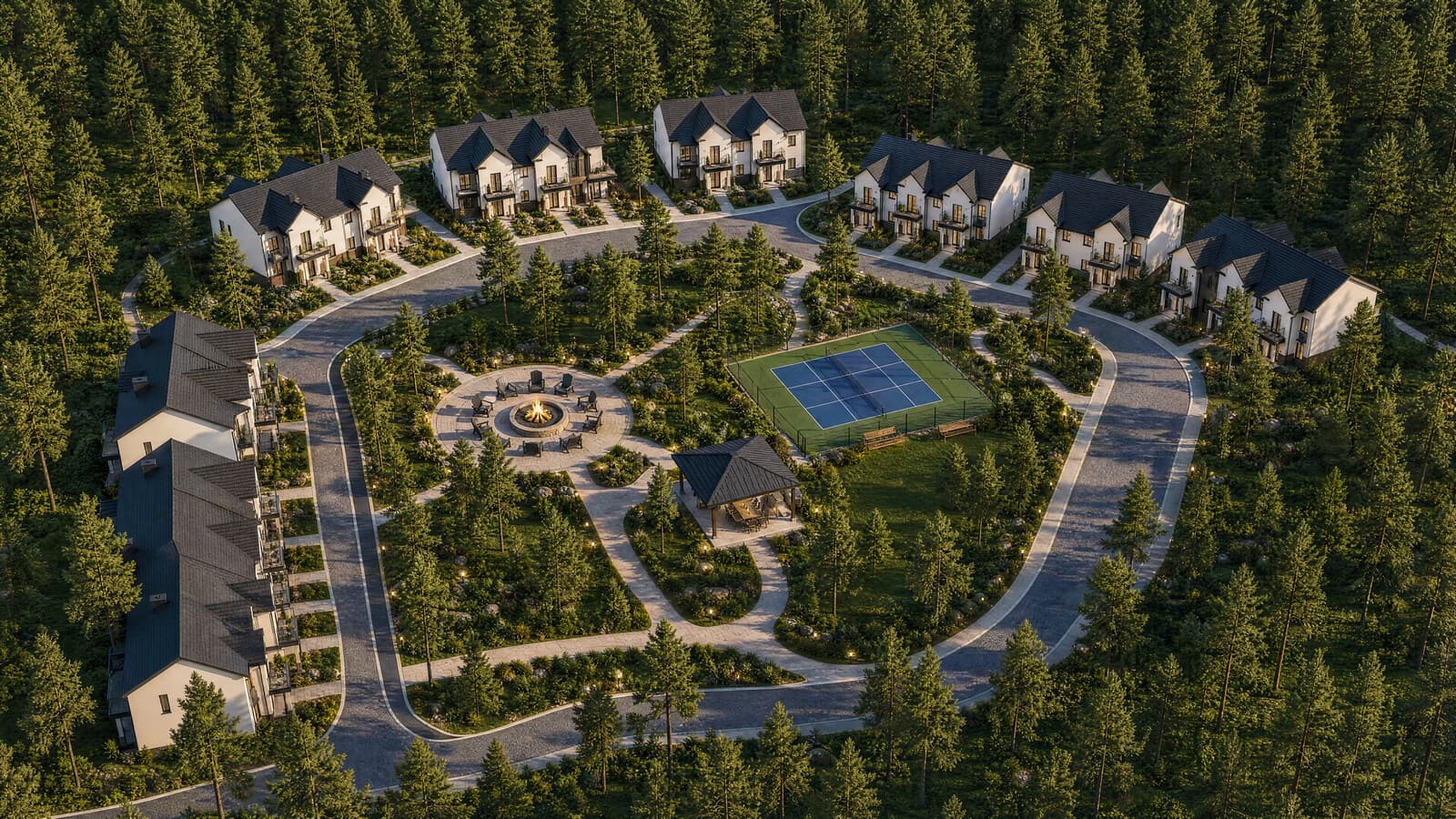 Aerial master-plan rendering of Tillson Woods surrounded by evergreen woods.