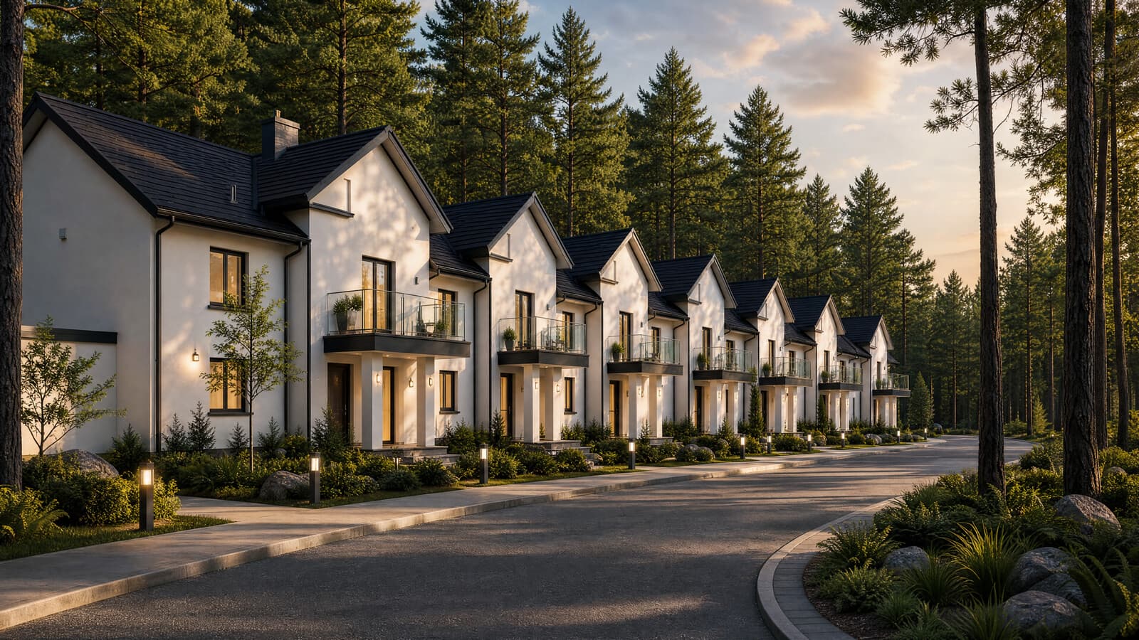 Tillson Woods wooded townhome exterior rendering.