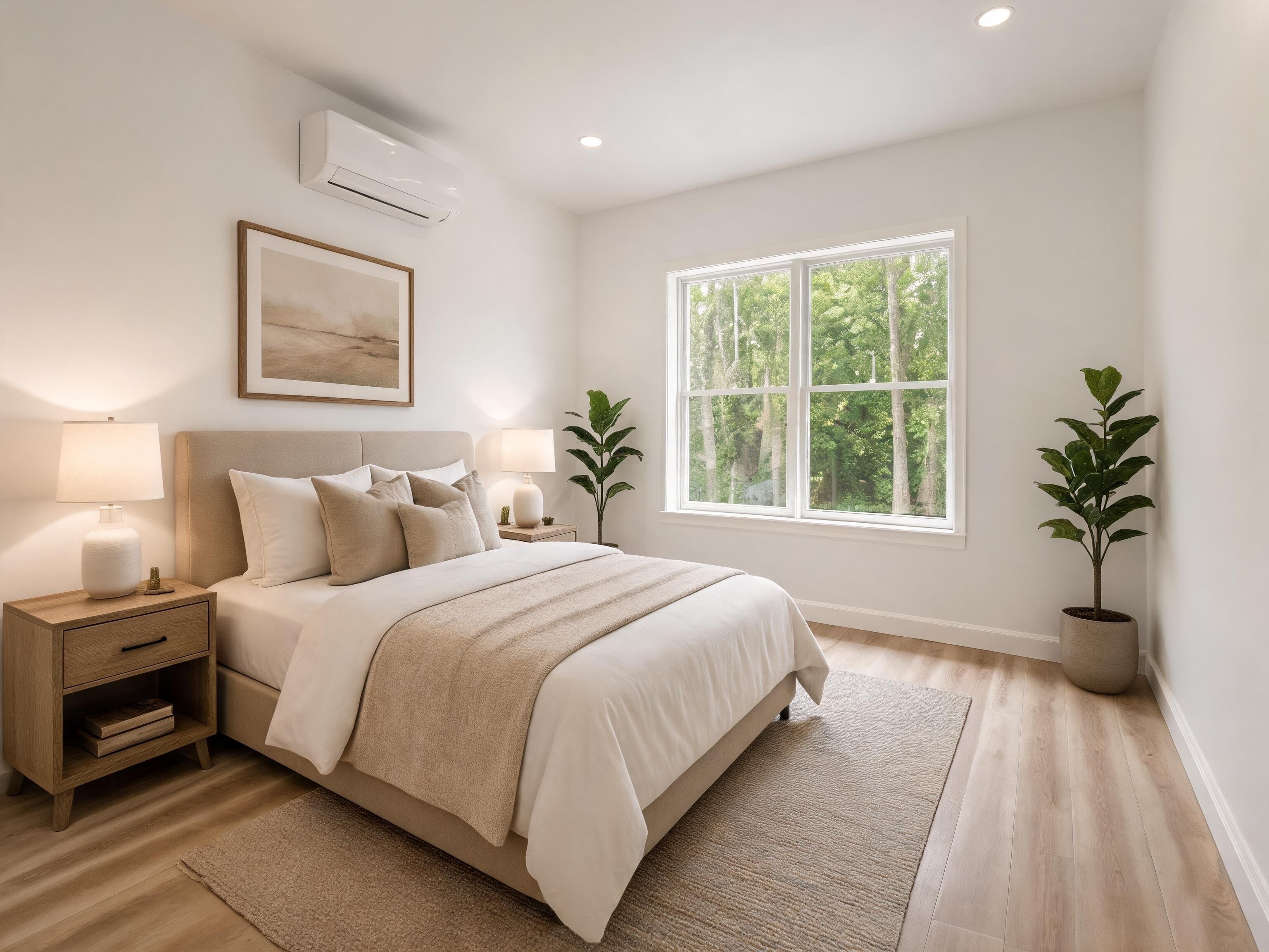 Neutral bedroom concept with light finishes and wooded view.