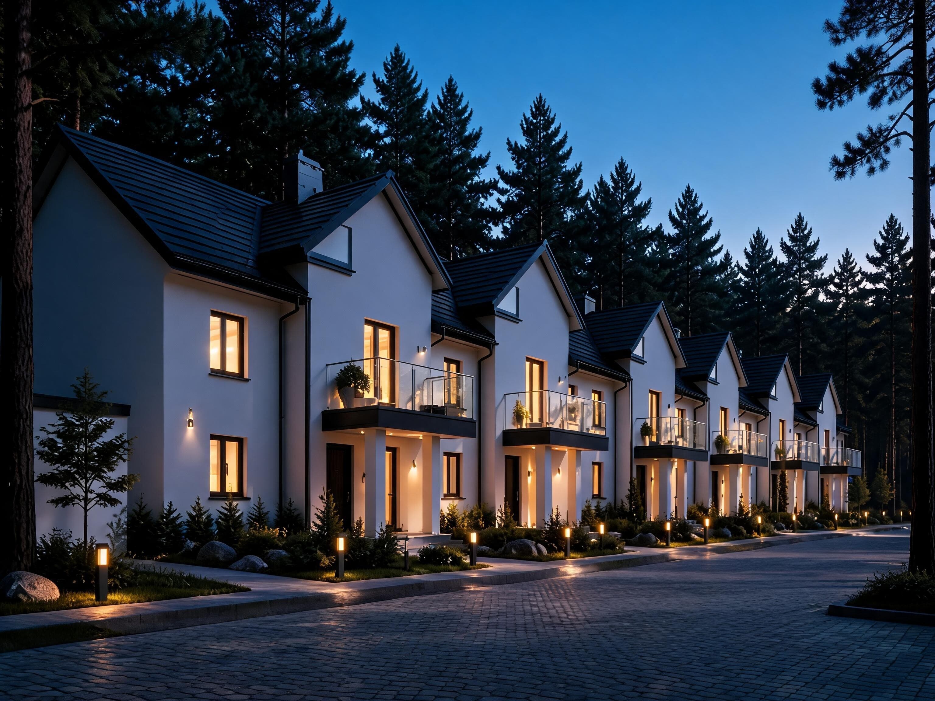 Dusk townhome exterior concept with warm lighting.